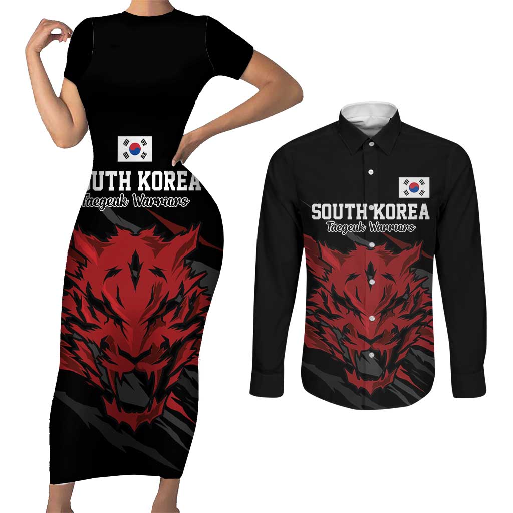 Custom South Korea Football Couples Matching Short Sleeve Bodycon Dress and Long Sleeve Button Shirt Taegeuk Warriors Spirit - Wonder Print Shop
