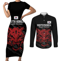 Custom South Korea Football Couples Matching Short Sleeve Bodycon Dress and Long Sleeve Button Shirt Taegeuk Warriors Spirit - Wonder Print Shop