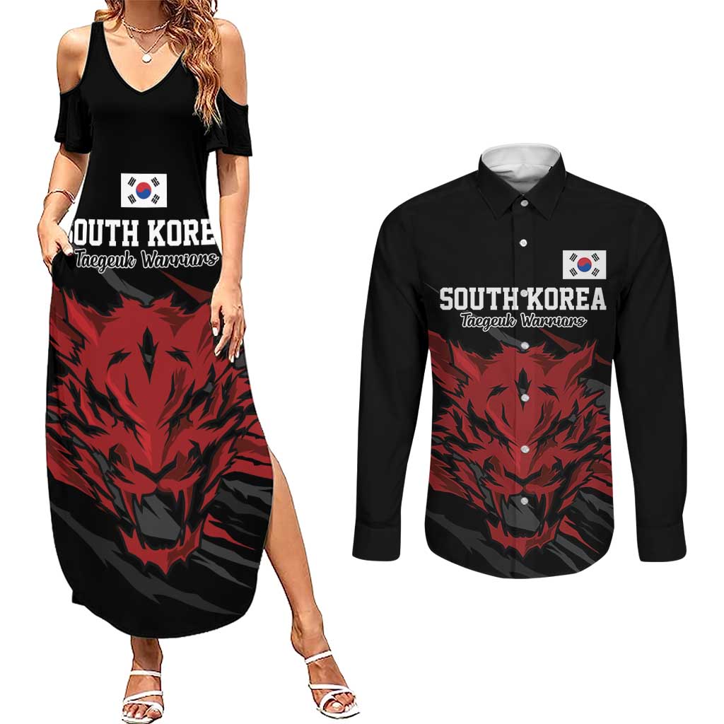 Custom South Korea Football Couples Matching Summer Maxi Dress and Long Sleeve Button Shirt Taegeuk Warriors Spirit - Wonder Print Shop