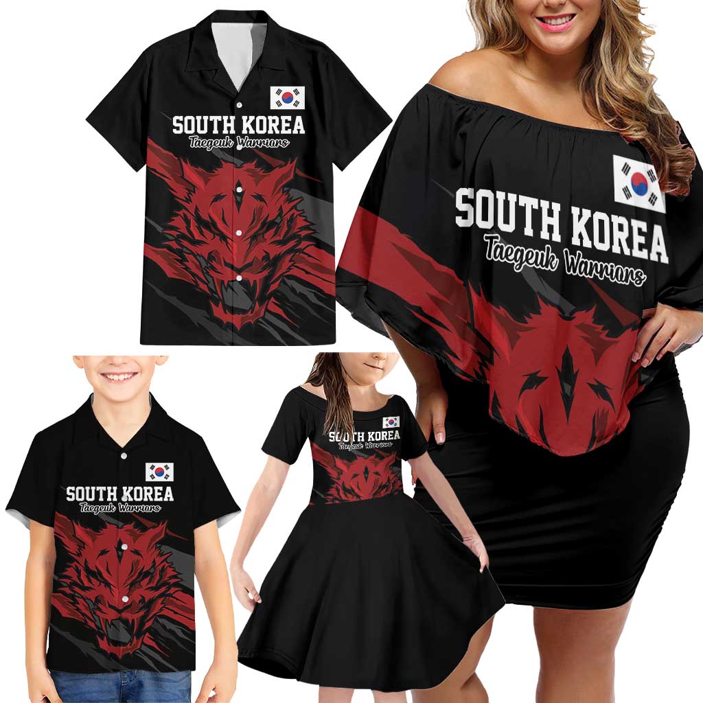 Custom South Korea Football Family Matching Off Shoulder Short Dress and Hawaiian Shirt Taegeuk Warriors Spirit - Wonder Print Shop