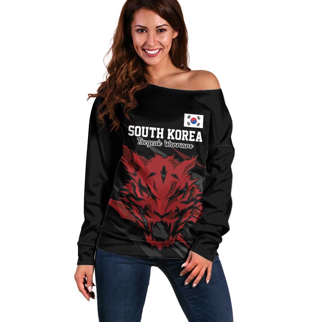 Custom South Korea Football Off Shoulder Sweater Taegeuk Warriors Spirit - Wonder Print Shop