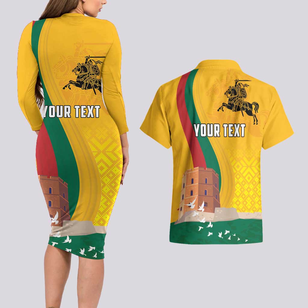 Personalized Lithuania Independence Restoration Day Couples Matching Long Sleeve Bodycon Dress and Hawaiian Shirt Gediminas Tower Flag Style