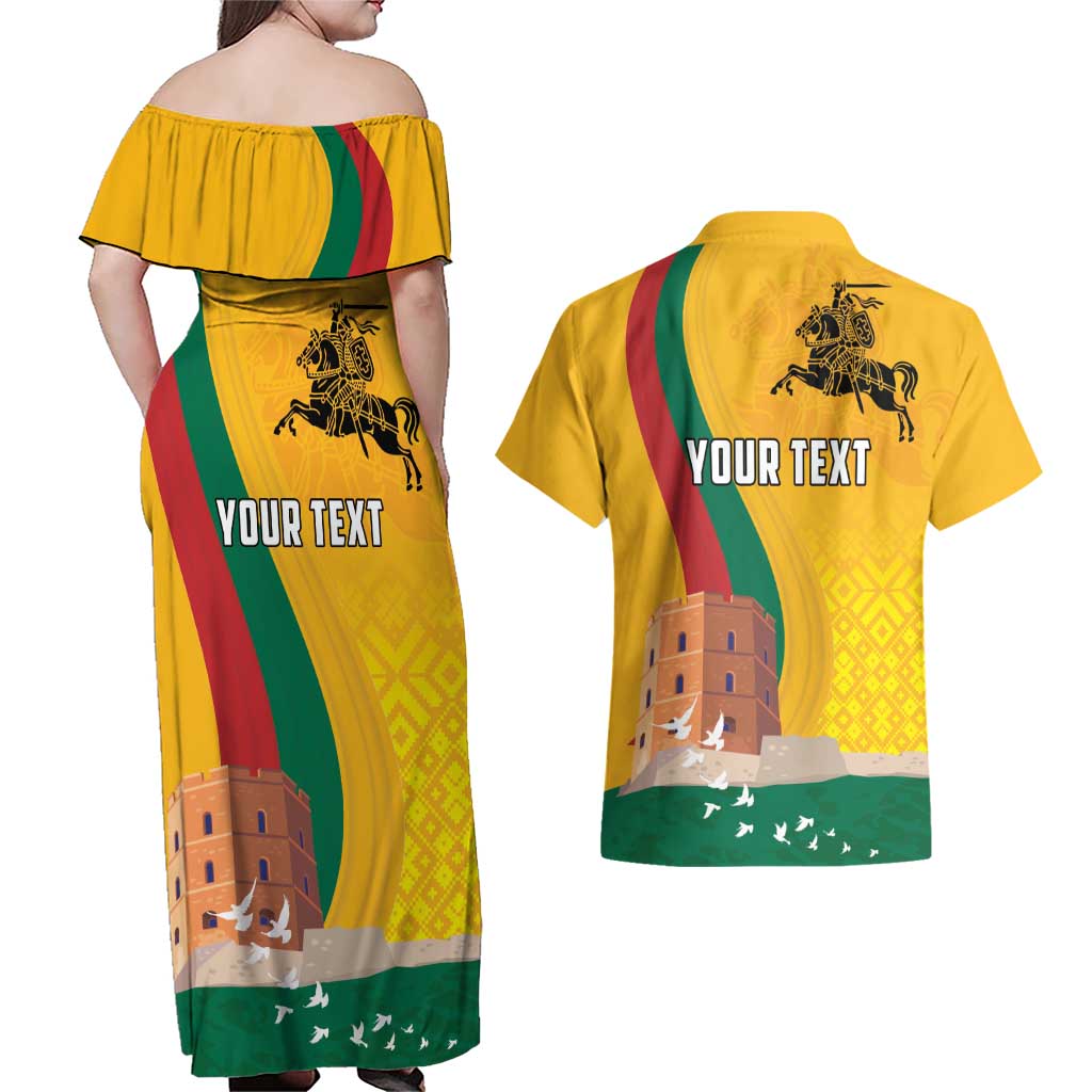 Personalized Lithuania Independence Restoration Day Couples Matching Off Shoulder Maxi Dress and Hawaiian Shirt Gediminas Tower Flag Style