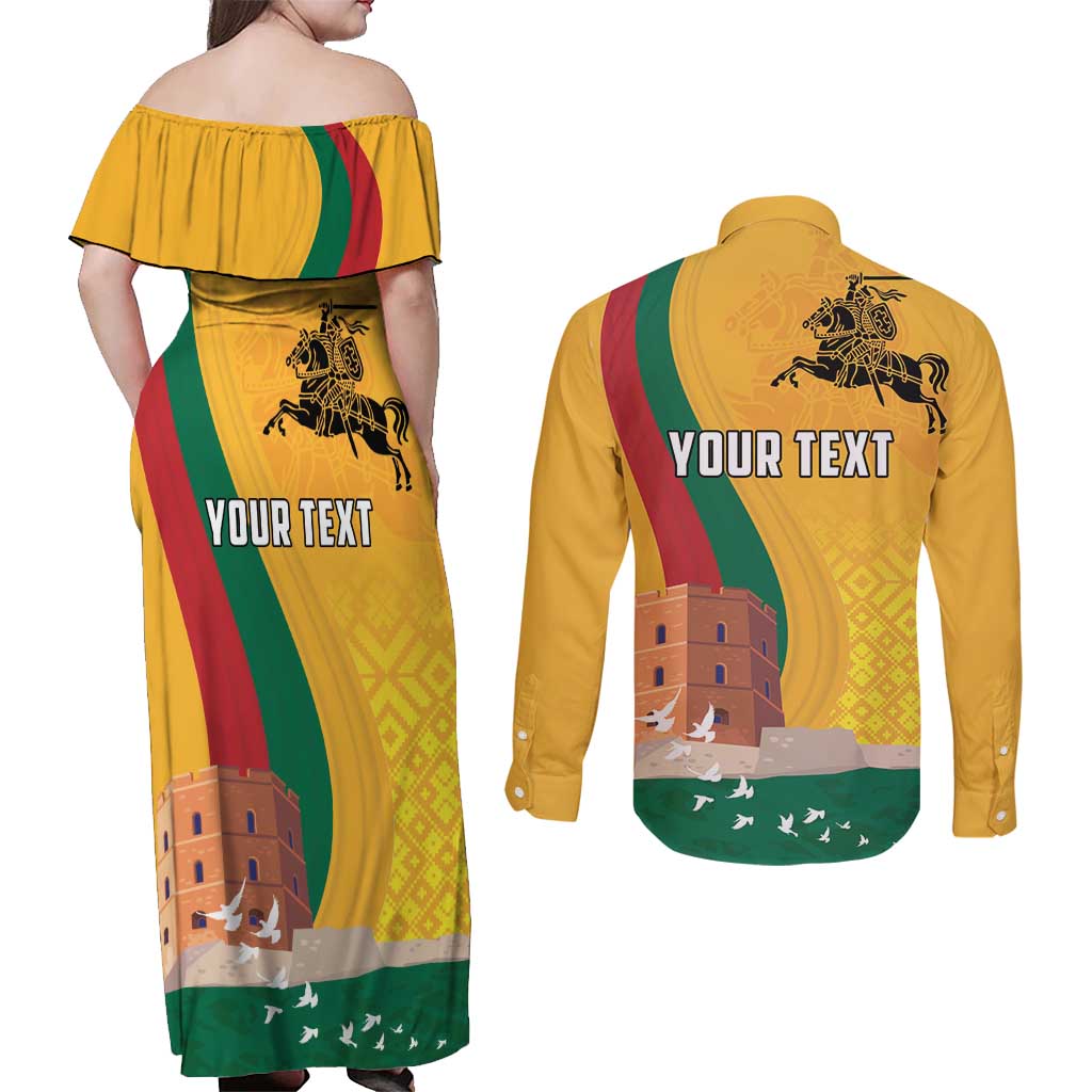 Personalized Lithuania Independence Restoration Day Couples Matching Off Shoulder Maxi Dress and Long Sleeve Button Shirt Gediminas Tower Flag Style