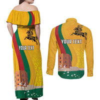 Personalized Lithuania Independence Restoration Day Couples Matching Off Shoulder Maxi Dress and Long Sleeve Button Shirt Gediminas Tower Flag Style