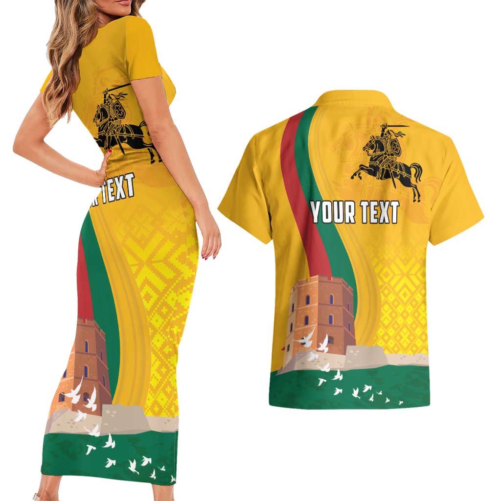 Personalized Lithuania Independence Restoration Day Couples Matching Short Sleeve Bodycon Dress and Hawaiian Shirt Gediminas Tower Flag Style