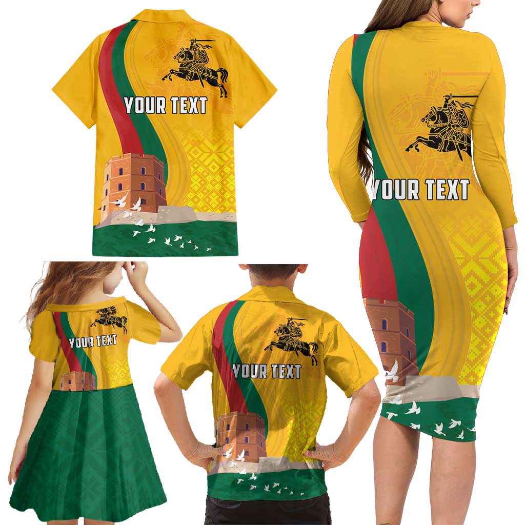 Personalized Lithuania Independence Restoration Day Family Matching Long Sleeve Bodycon Dress and Hawaiian Shirt Gediminas Tower Flag Style