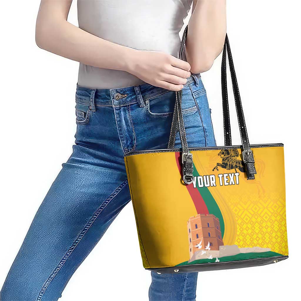 Personalized Lithuania Independence Restoration Day Leather Tote Bag Gediminas Tower Flag Style