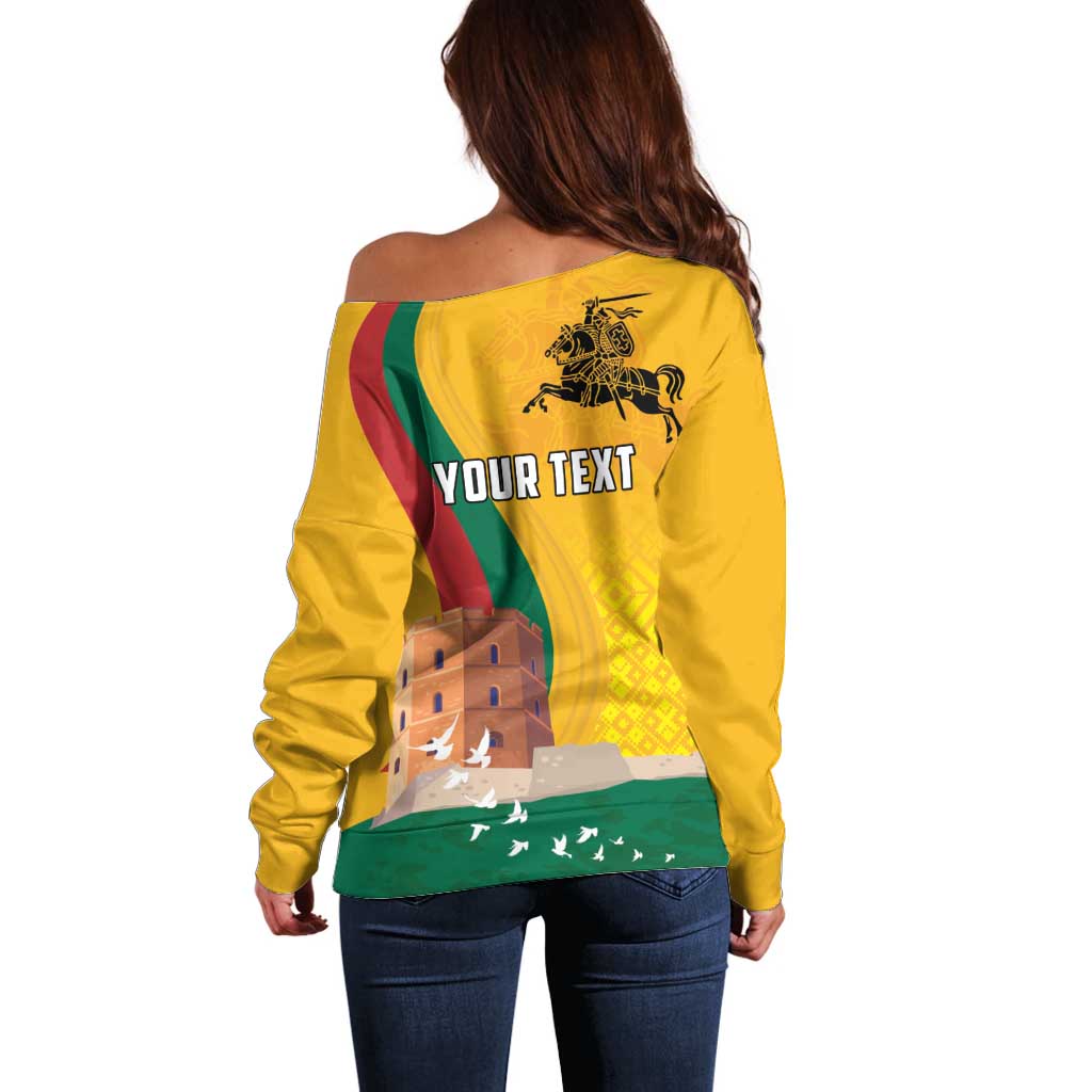 Personalized Lithuania Independence Restoration Day Off Shoulder Sweater Gediminas Tower Flag Style