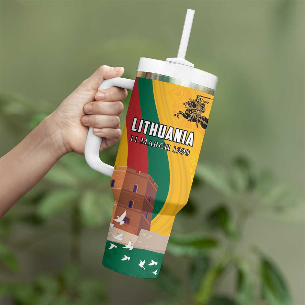 Personalized Lithuania Independence Restoration Day Tumbler With Handle Gediminas Tower Flag Style
