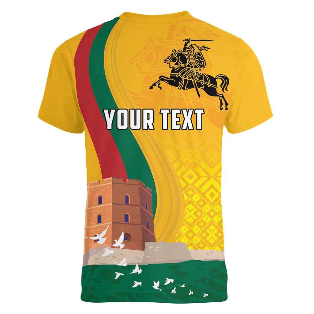 Personalized Lithuania Independence Restoration Day Women V-Neck T-Shirt Gediminas Tower Flag Style