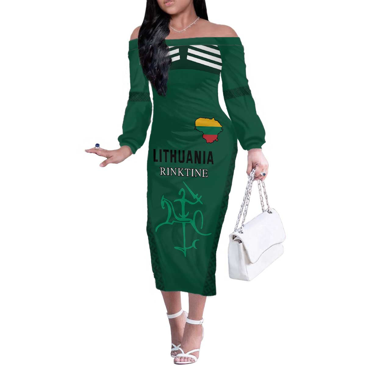 Custom Lithuania Football Family Matching Off The Shoulder Long Sleeve Dress and Hawaiian Shirt Vytis Lithuanian Lietuva Green Version