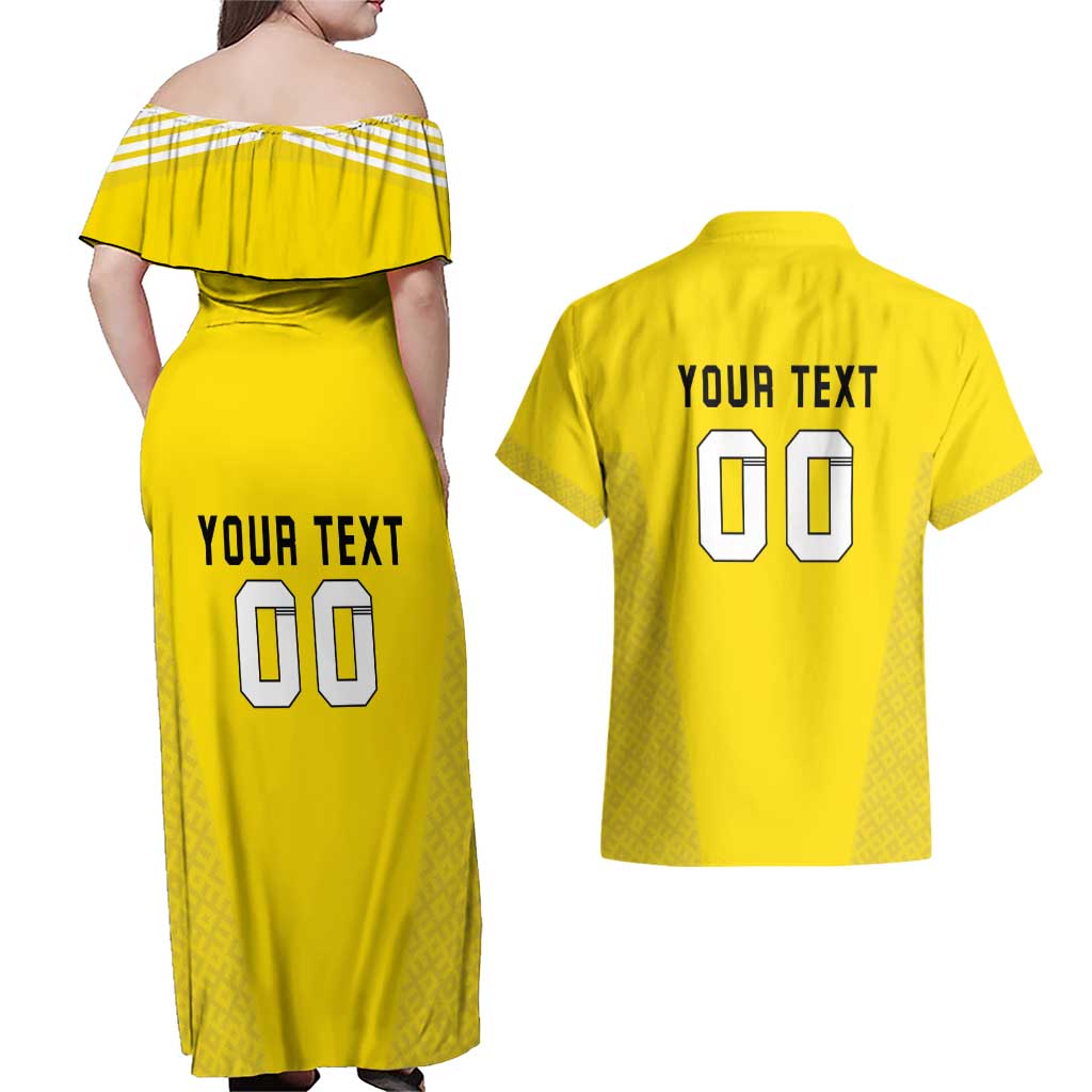 Custom Lithuania Football Couples Matching Off Shoulder Maxi Dress and Hawaiian Shirt Vytis Lithuanian Lietuva Yellow Version
