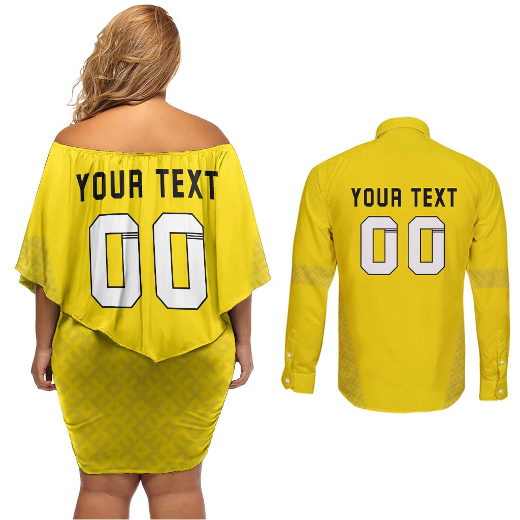 Custom Lithuania Football Couples Matching Off Shoulder Short Dress and Long Sleeve Button Shirt Vytis Lithuanian Lietuva Yellow Version