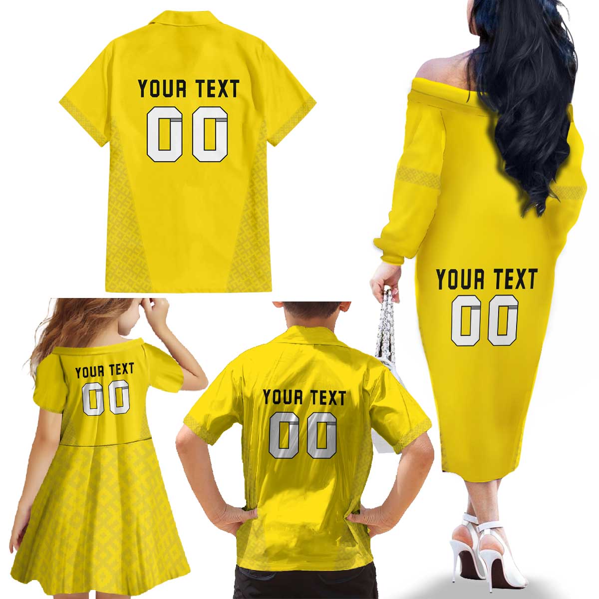 Custom Lithuania Football Family Matching Off The Shoulder Long Sleeve Dress and Hawaiian Shirt Vytis Lithuanian Lietuva Yellow Version