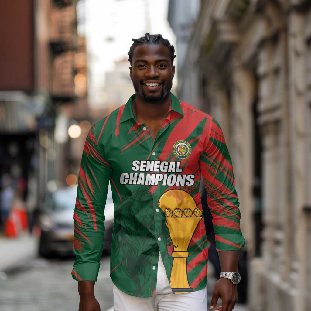 Custom Senegal Champions Football Long Sleeve Button Shirt Lions of Teranga Rise Again