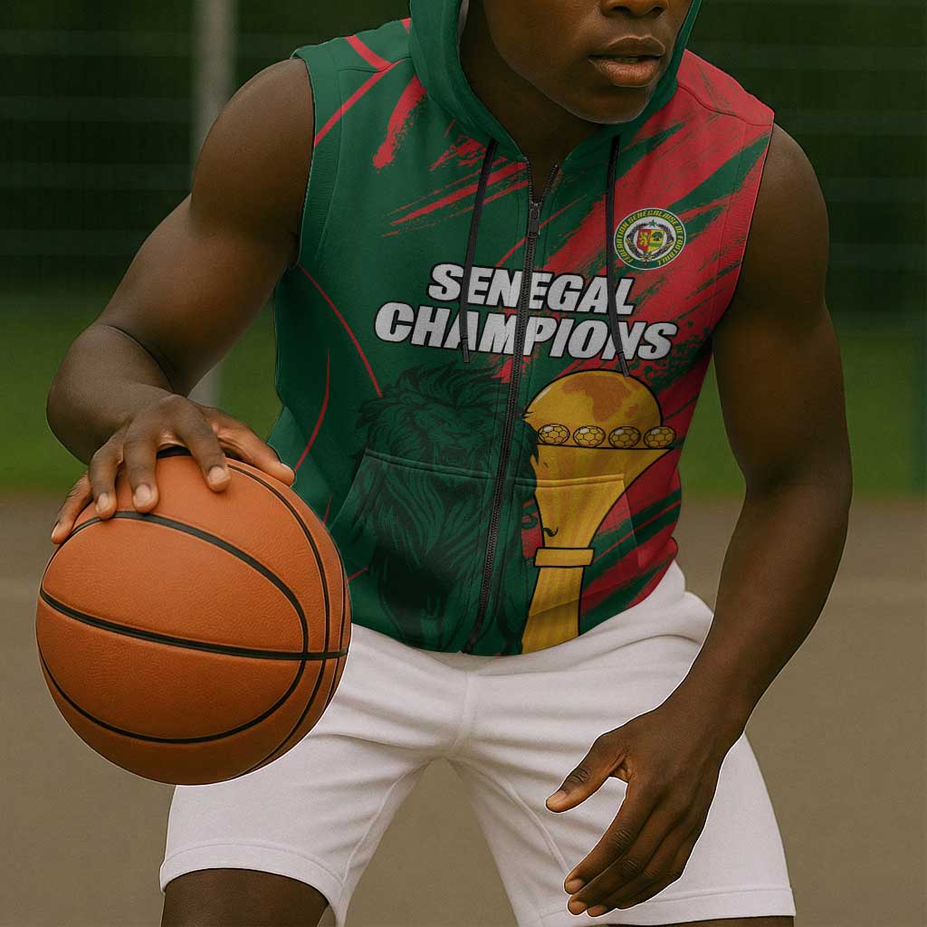 Custom Senegal Champions Football Sleeveless Zip Hoodie Lions of Teranga Rise Again
