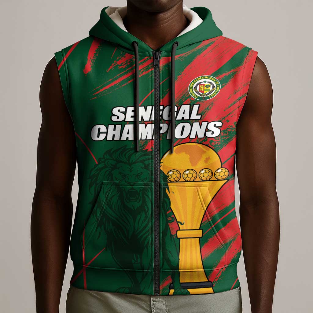 Custom Senegal Champions Football Sleeveless Zip Hoodie Lions of Teranga Rise Again