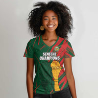 Custom Senegal Champions Football Women V-Neck T-Shirt Lions of Teranga Rise Again