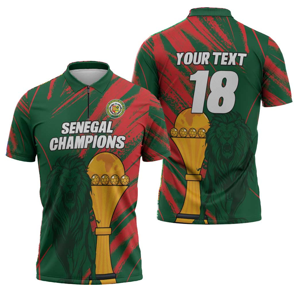 Custom Senegal Champions Football Zipper Polo Shirt Lions of Teranga Rise Again