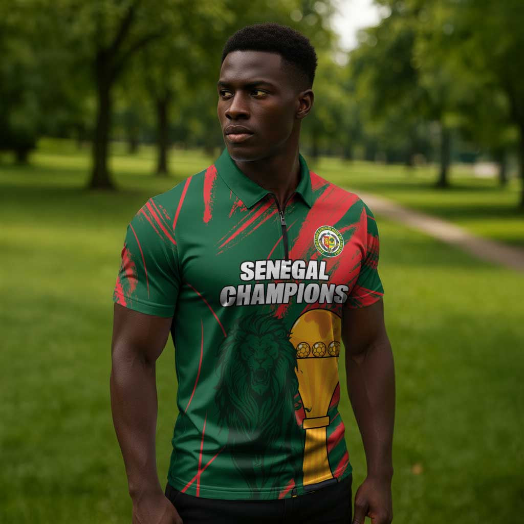 Custom Senegal Champions Football Zipper Polo Shirt Lions of Teranga Rise Again