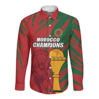 Custom Morocco Champions Football Long Sleeve Button Shirt Atlas Lions Grunge Motif
