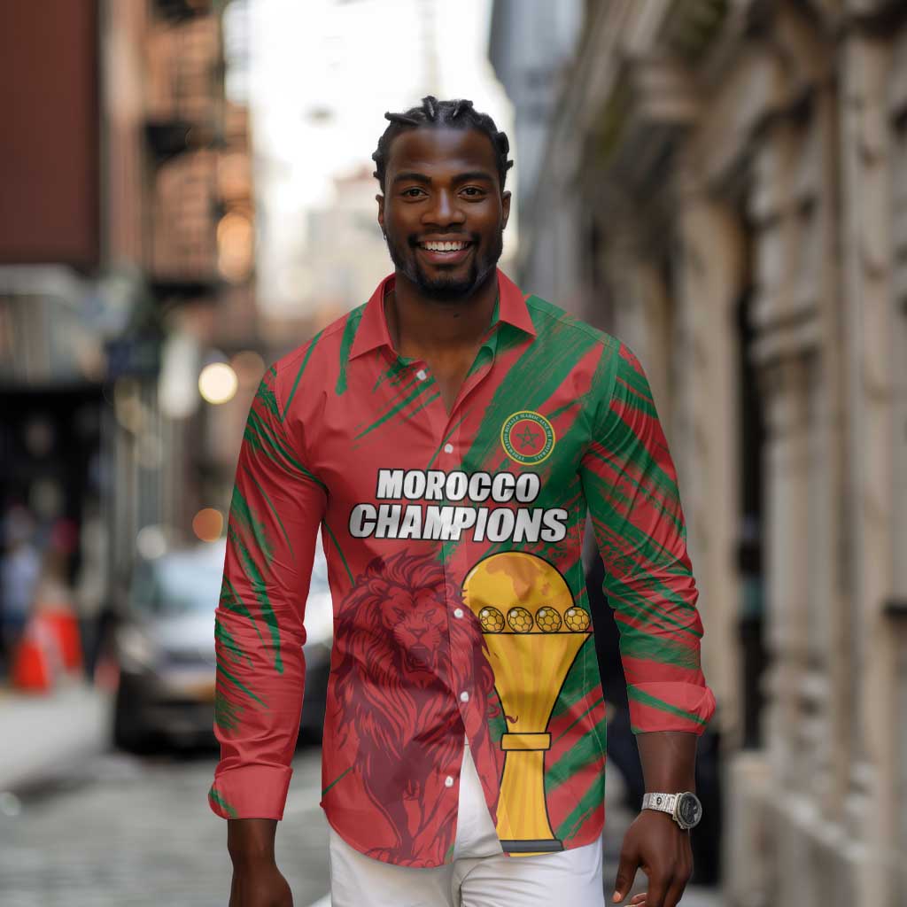 Custom Morocco Champions Football Long Sleeve Button Shirt Atlas Lions Grunge Motif