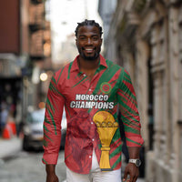 Custom Morocco Champions Football Long Sleeve Button Shirt Atlas Lions Grunge Motif