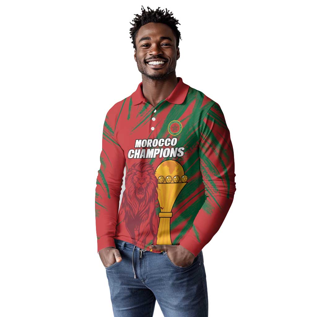 Custom Morocco Champions Football Long Sleeve Polo Shirt Atlas Lions Grunge Motif