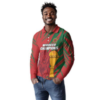 Custom Morocco Champions Football Long Sleeve Polo Shirt Atlas Lions Grunge Motif