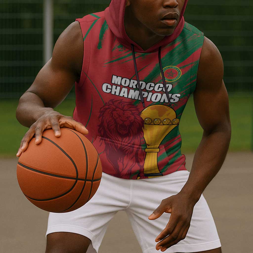 Custom Morocco Champions Football Sleeveless Hoodie Atlas Lions Grunge Motif