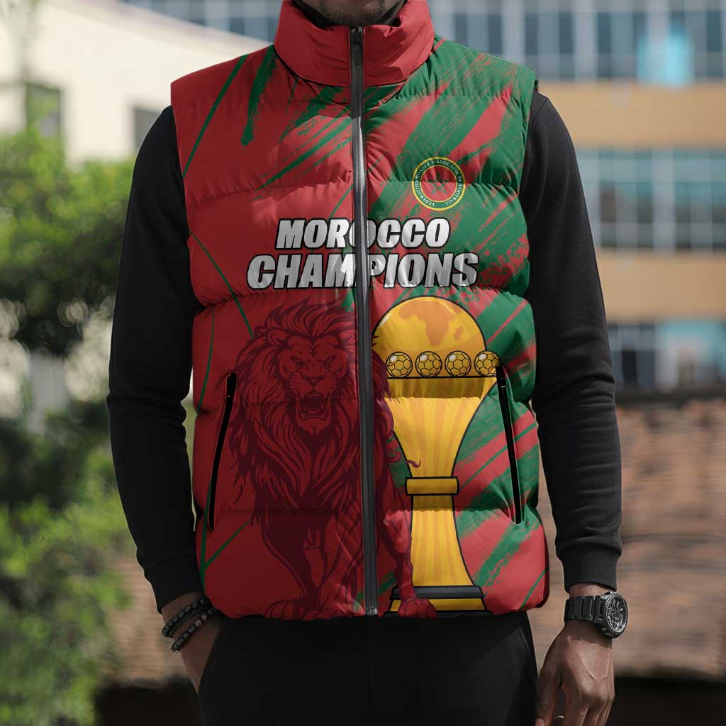 Custom Morocco Champions Football Sleeveless Puffer Jacket Atlas Lions Grunge Motif