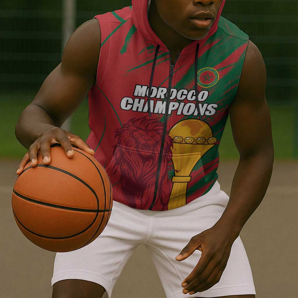 Custom Morocco Champions Football Sleeveless Zip Hoodie Atlas Lions Grunge Motif