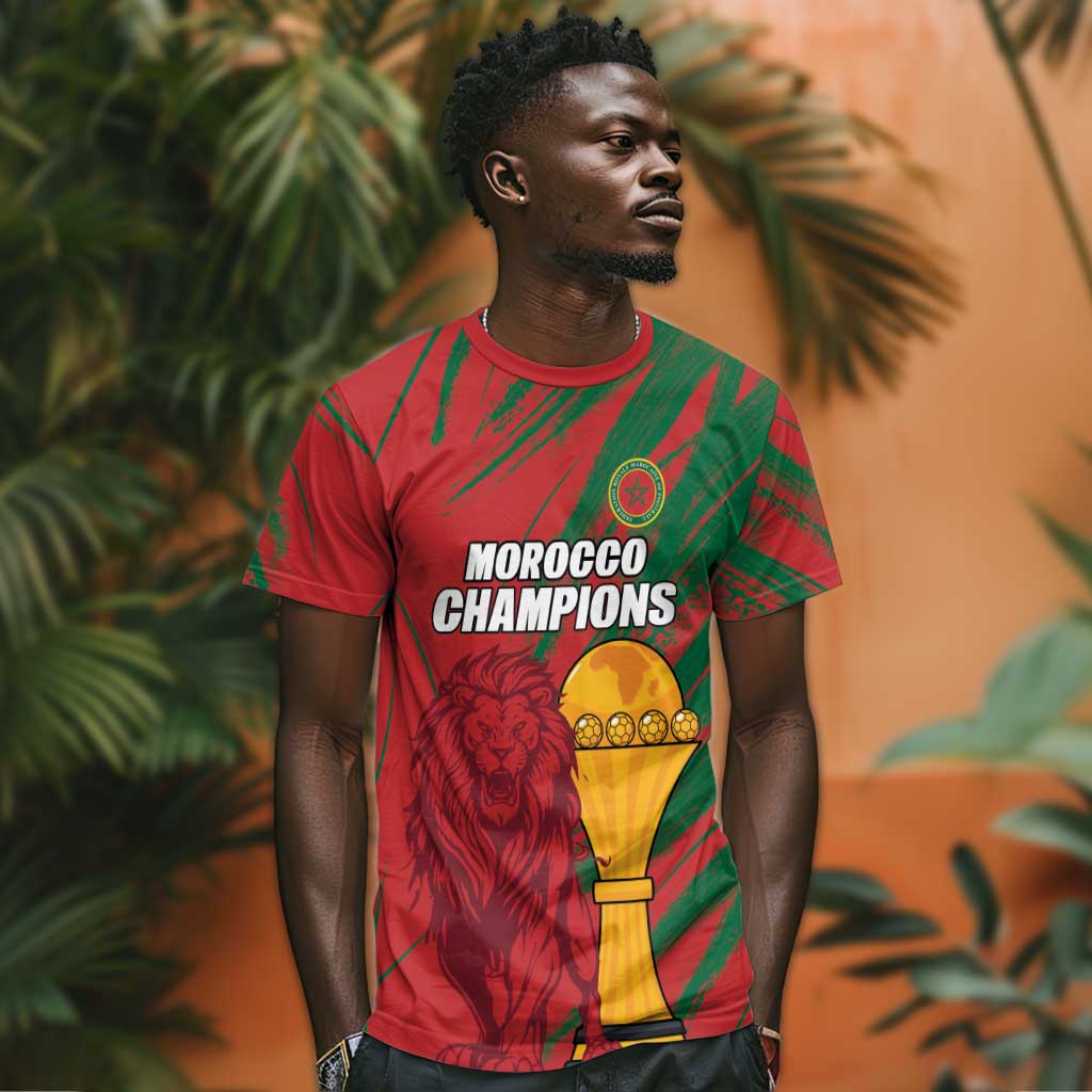 Custom Morocco Champions Football T shirt Atlas Lions Grunge Motif