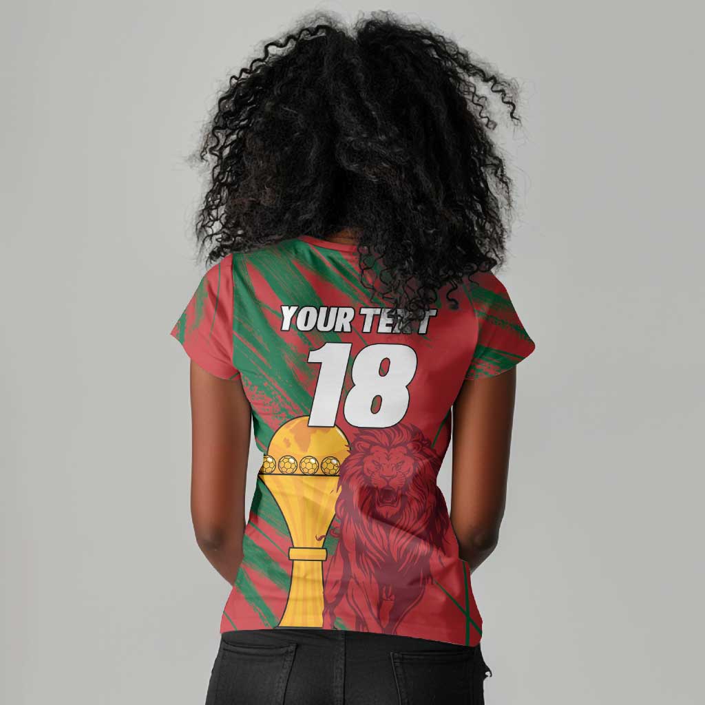 Custom Morocco Champions Football Women V-Neck T-Shirt Atlas Lions Grunge Motif