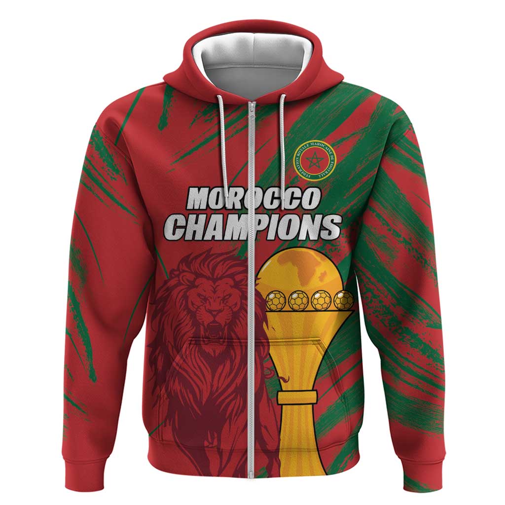 Custom Morocco Champions Football Zip Hoodie Atlas Lions Grunge Motif