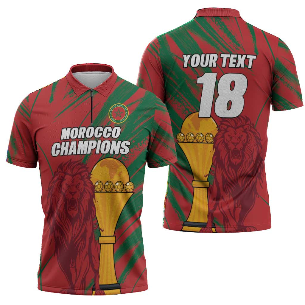 Custom Morocco Champions Football Zipper Polo Shirt Atlas Lions Grunge Motif