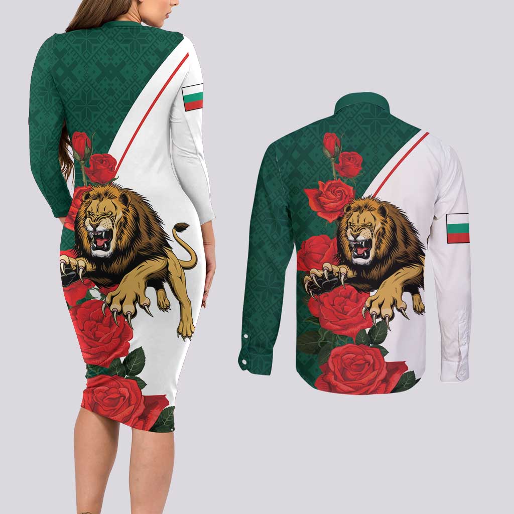 Bulgaria Lion Couples Matching Long Sleeve Bodycon Dress and Long Sleeve Button Shirt Folk Patterns With Rose