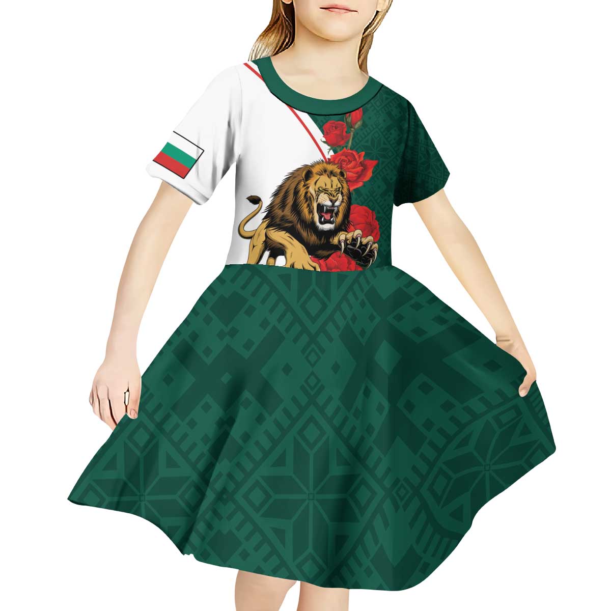 Bulgaria Lion Kid Short Sleeve Dress Folk Patterns With Rose