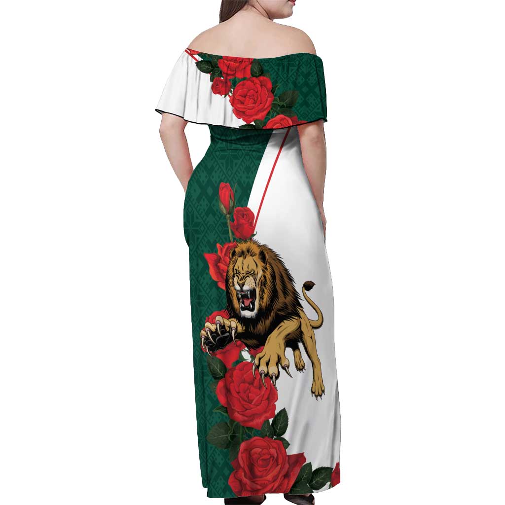 Bulgaria Lion Off Shoulder Maxi Dress Folk Patterns With Rose
