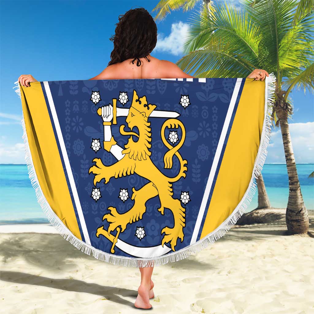 Custom Finland Lion Beach Blanket Finnish Folk Patterns