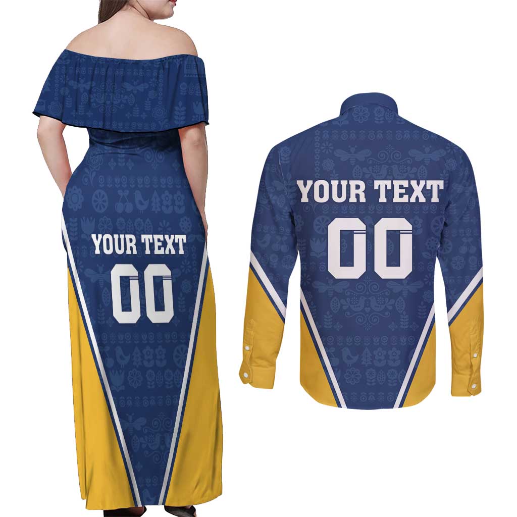 Custom Finland Lion Couples Matching Off Shoulder Maxi Dress and Long Sleeve Button Shirt Finnish Folk Patterns