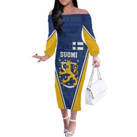 Custom Finland Lion Family Matching Off The Shoulder Long Sleeve Dress and Hawaiian Shirt Finnish Folk Patterns