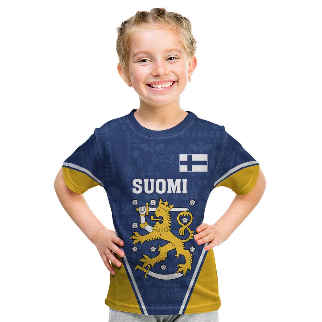 Custom Finland Lion Kid T Shirt Finnish Folk Patterns