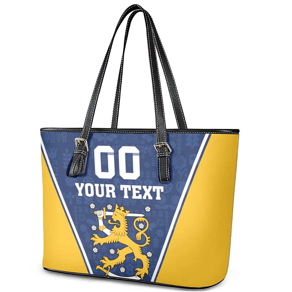 Custom Finland Lion Leather Tote Bag Finnish Folk Patterns