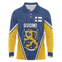 Custom Finland Lion Long Sleeve Polo Shirt Finnish Folk Patterns