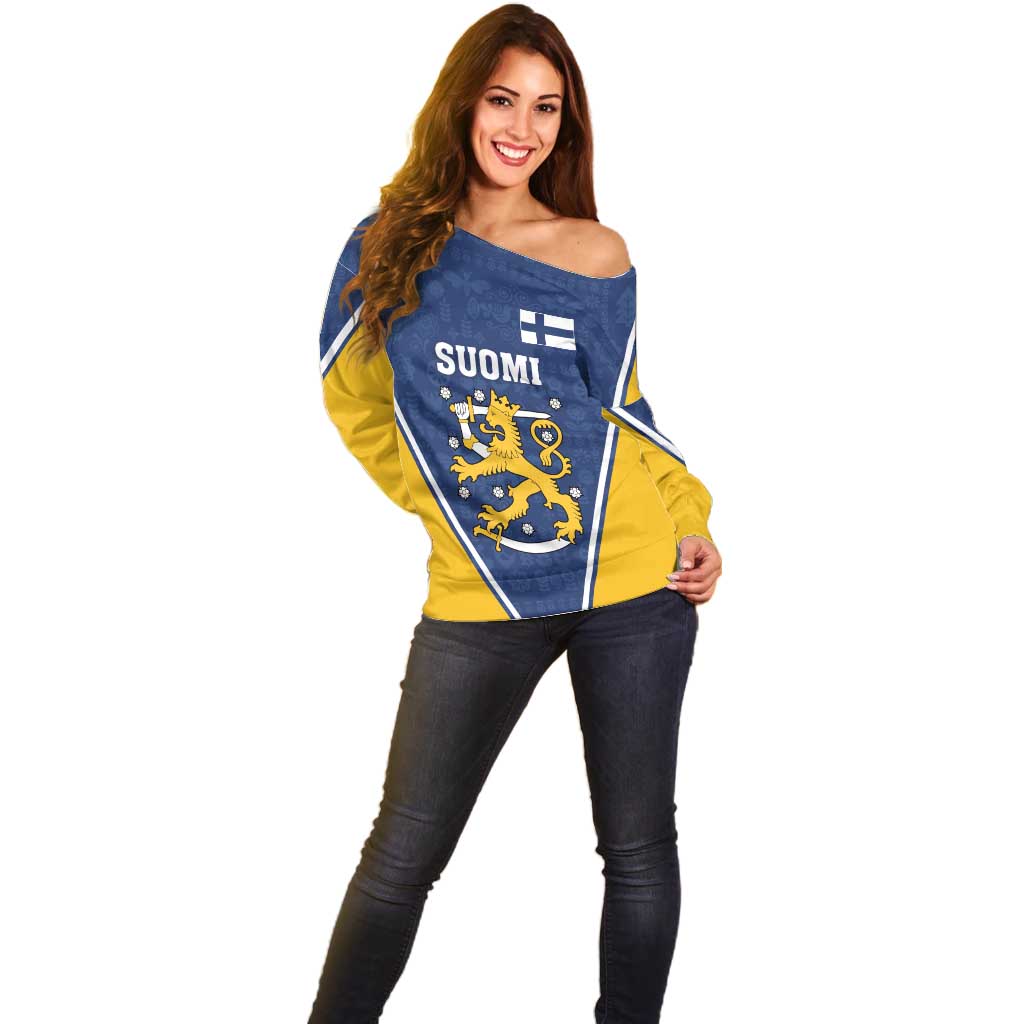 Custom Finland Lion Off Shoulder Sweater Finnish Folk Patterns