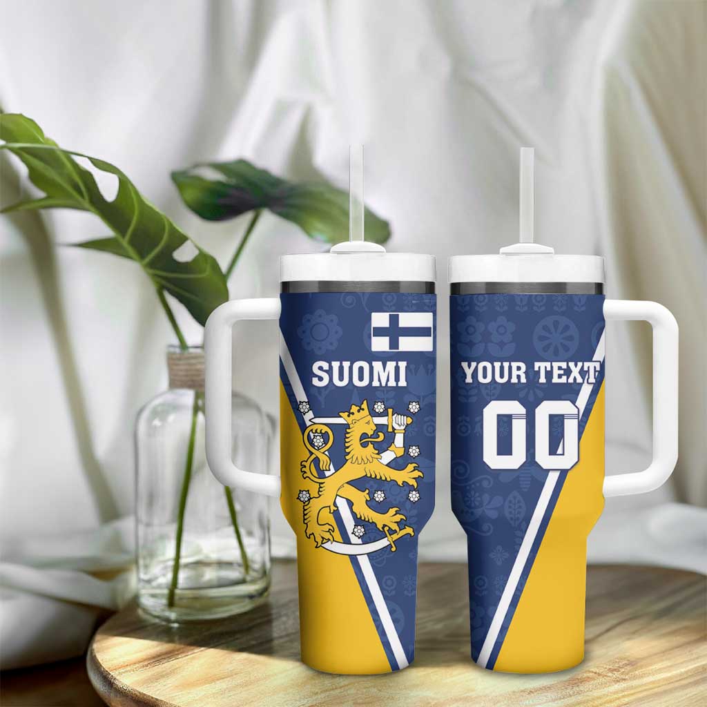 Custom Finland Lion Tumbler With Handle Finnish Folk Patterns