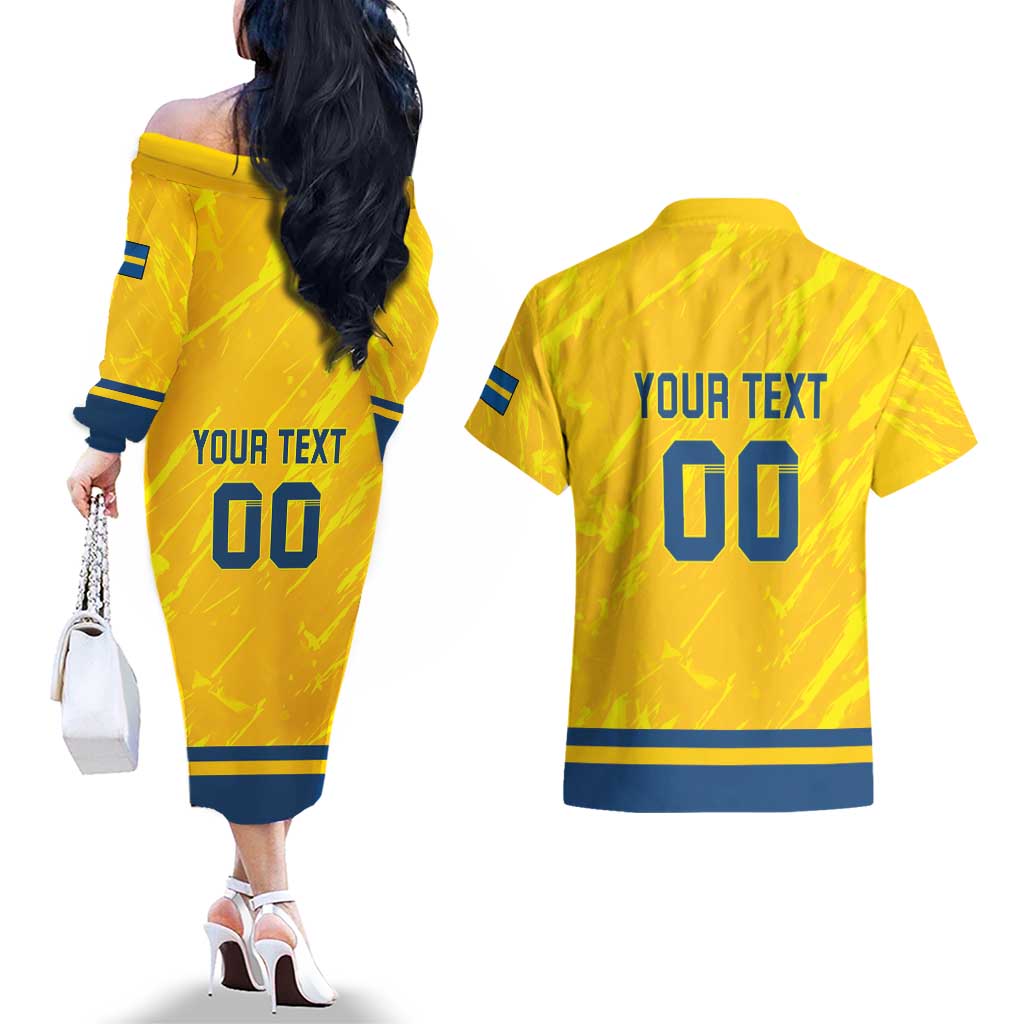 Custom Sweden Hockey Couples Matching Off The Shoulder Long Sleeve Dress and Hawaiian Shirt Tre Kronor Go Champions