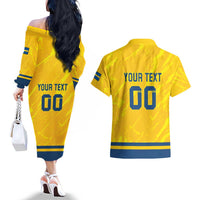 Custom Sweden Hockey Couples Matching Off The Shoulder Long Sleeve Dress and Hawaiian Shirt Tre Kronor Go Champions